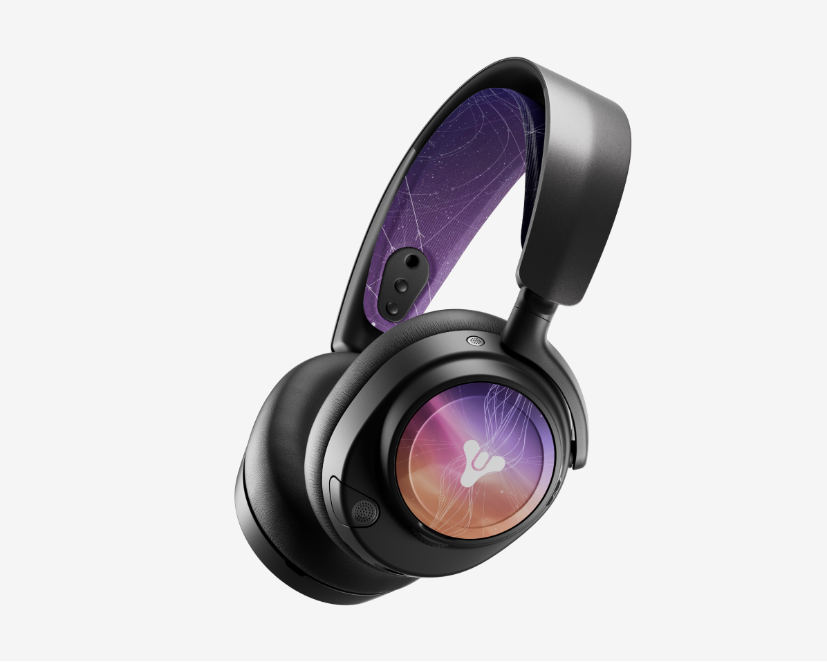
 An upright side view of an Arctis Nova headset displaying the Destiny 2 Lightfall Edition Booster Pack.
 